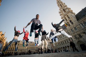 People jumping in Belgium square