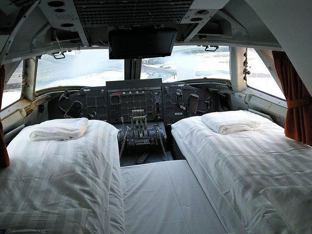 cockpit room in airplane hotel in sweden