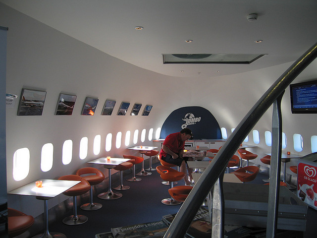 inside of the airplane hostel in sweden