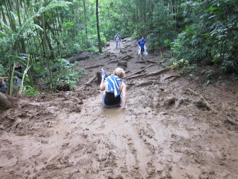 sliding in the mud near Manoa Falls