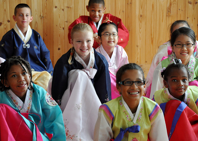 multi-racial group of children wearing kimonos